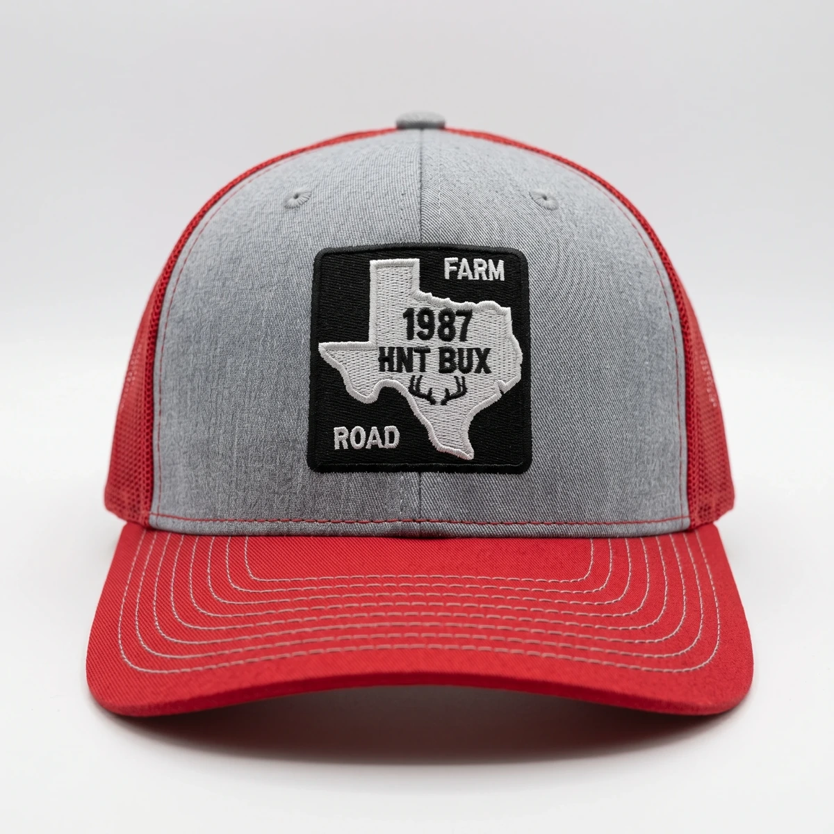 Heather grey and red HNT BUX Farm 1987 trucker cap with Texas-shape patch