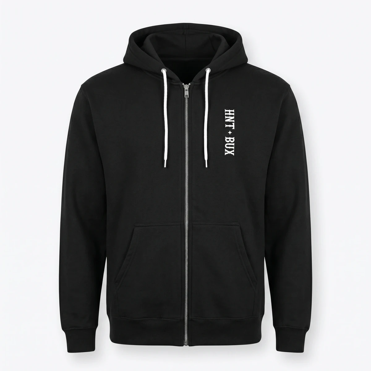 HNT BUX black full-zip hoodie front view with vertical chest embroidery