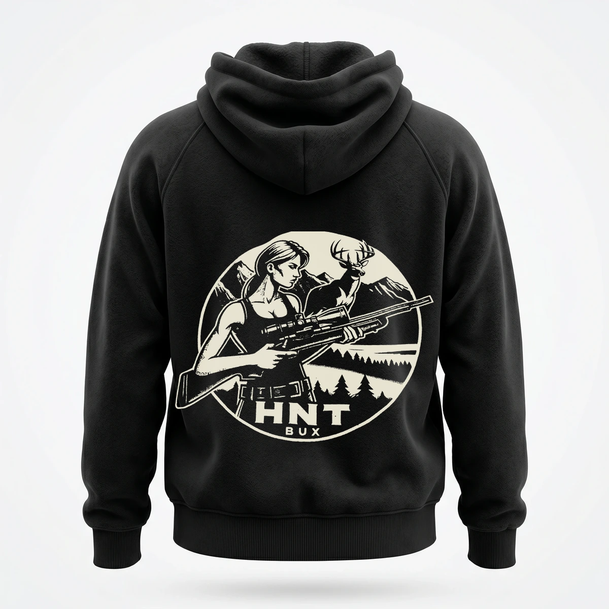 HNT BUX Hunter Hoodie back view with circular hunter and rifle graphic