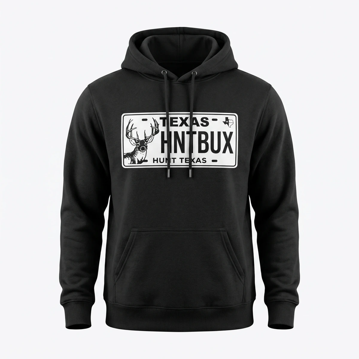Texas HNT BUX Hoodie front view with white license-plate chest graphic